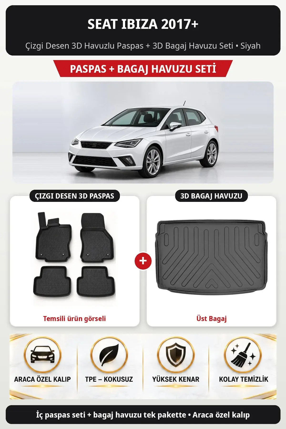 Seat Ibiza 2017+ Çizgi Desen 3D Havuzlu Paspas + 3D Bagaj Havuzu Seti (Üst Bagaj) Siyah (1)