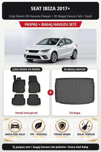 Seat Ibiza 2017+ Çizgi Desen 3D Havuzlu Paspas + 3D Bagaj Havuzu Seti (Üst Bagaj) Siyah