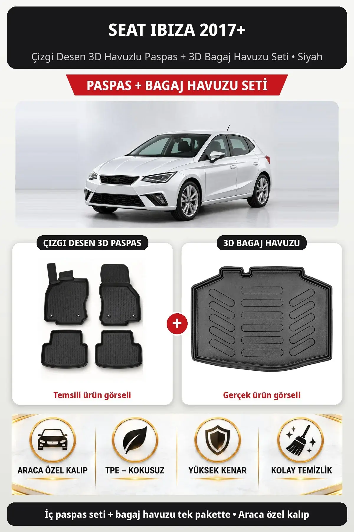 Seat Ibiza 2017+ Çizgi Desen 3D Havuzlu Paspas + 3D Bagaj Havuzu Seti Siyah (1)