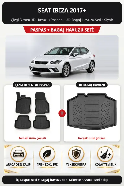 Seat Ibiza 2017+ Çizgi Desen 3D Havuzlu Paspas + 3D Bagaj Havuzu Seti Siyah