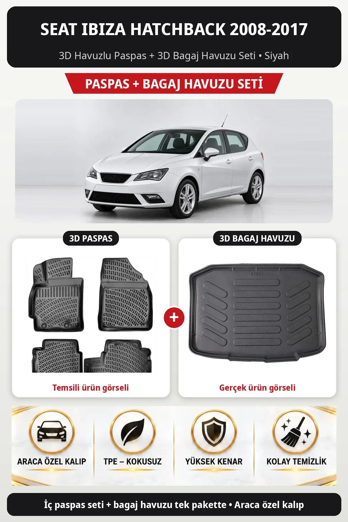 Seat Ibiza Hatchback 2008-2017 3D Havuzlu Paspas + 3D Bagaj Havuzu Seti Siyah (1)