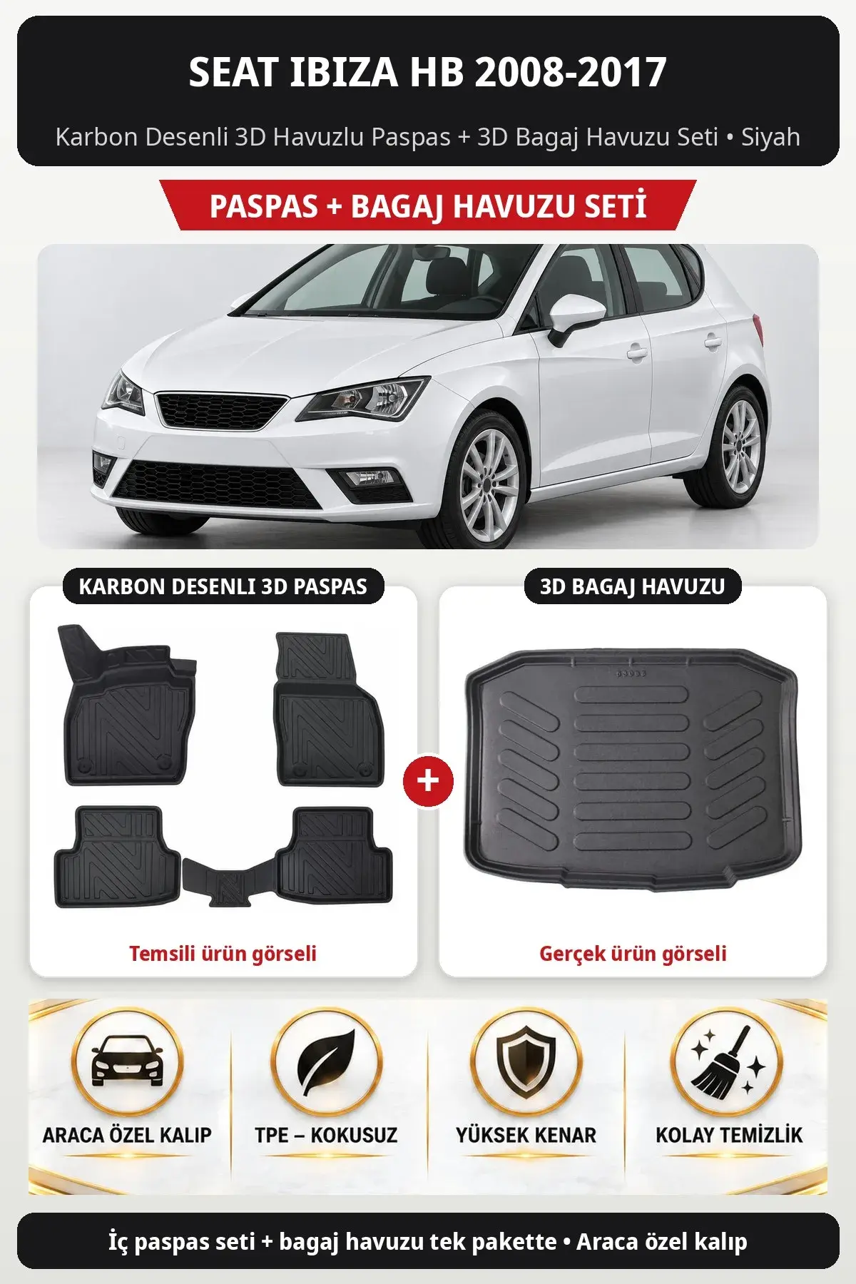 Seat Ibiza Hb 2008-2017 Karbon Desenli 3D Havuzlu Paspas + 3D Bagaj Havuzu Seti Siyah (1)