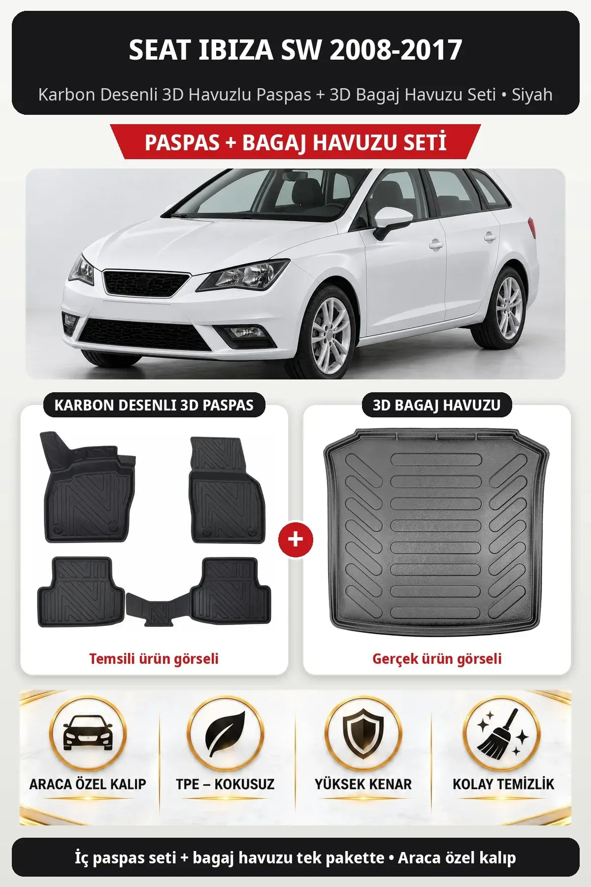 Seat Ibiza Sw 2008-2017 Karbon Desenli 3D Havuzlu Paspas + 3D Bagaj Havuzu Seti Siyah (1)
