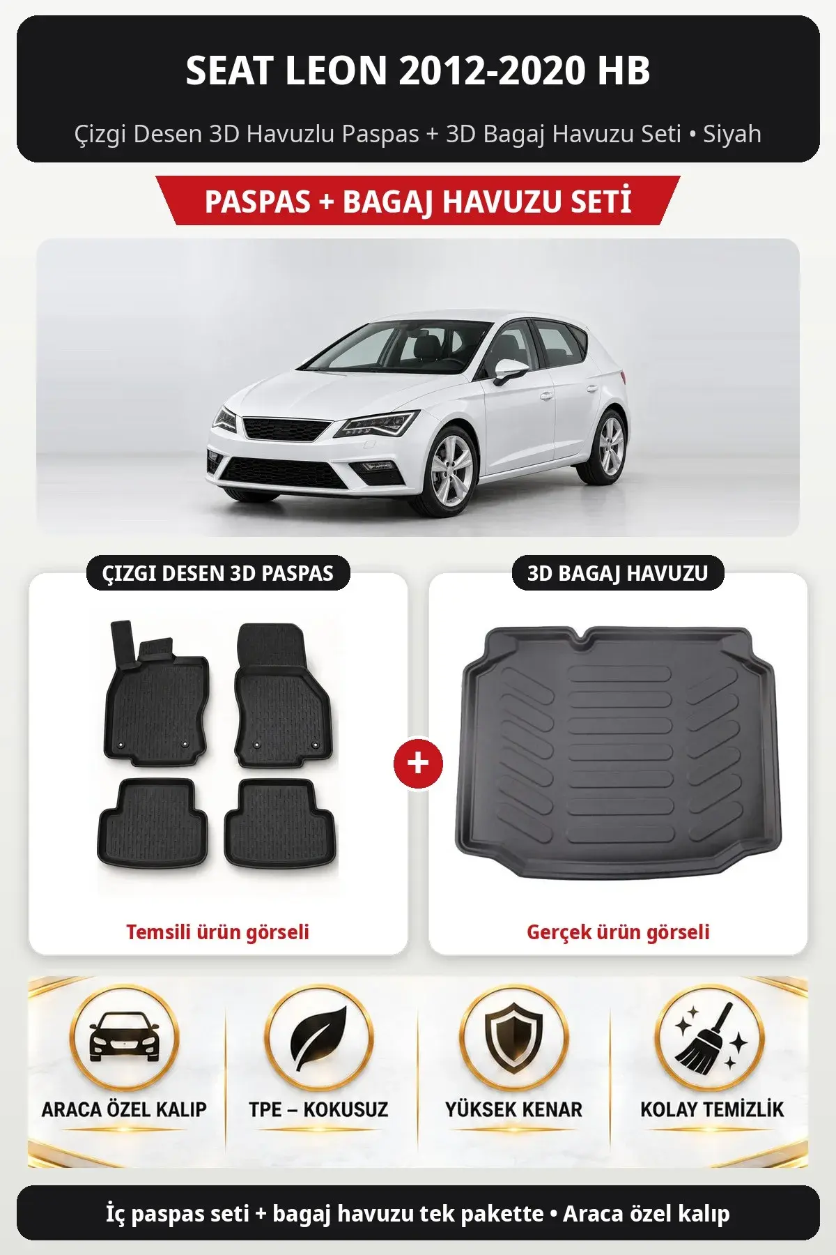 Seat Leon 2012-2020 HB Çizgi Desen 3D Havuzlu Paspas + 3D Bagaj Havuzu Seti Siyah (1)