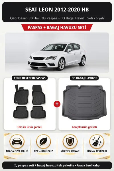 Seat Leon 2012-2020 HB Çizgi Desen 3D Havuzlu Paspas + 3D Bagaj Havuzu Seti Siyah