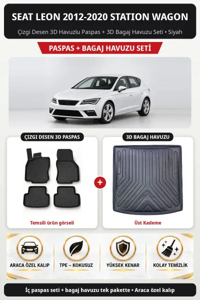 Seat Leon 2012-2020 Station Wagon Çizgi Desen 3D Paspas + Bagaj Havuzu Seti (Üst Kademe) Siyah