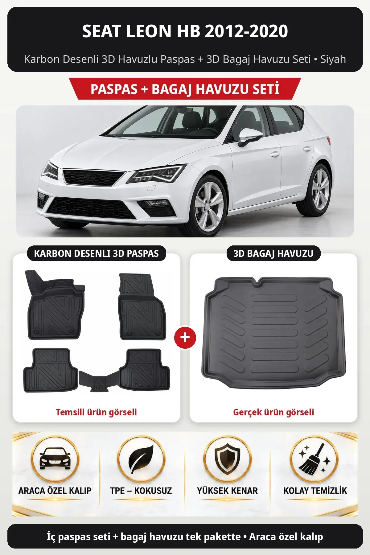 Seat Leon Hb 2012-2020 Karbon Desenli 3D Havuzlu Paspas + 3D Bagaj Havuzu Seti Siyah (1)