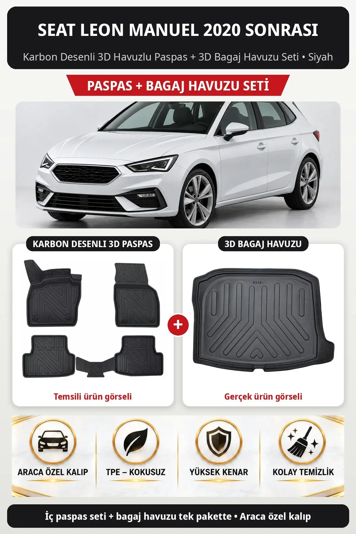 Seat Leon Manuel 2020 Sonrası Karbon Desenli 3D Havuzlu Paspas + 3D Bagaj Havuzu Seti Siyah (1)