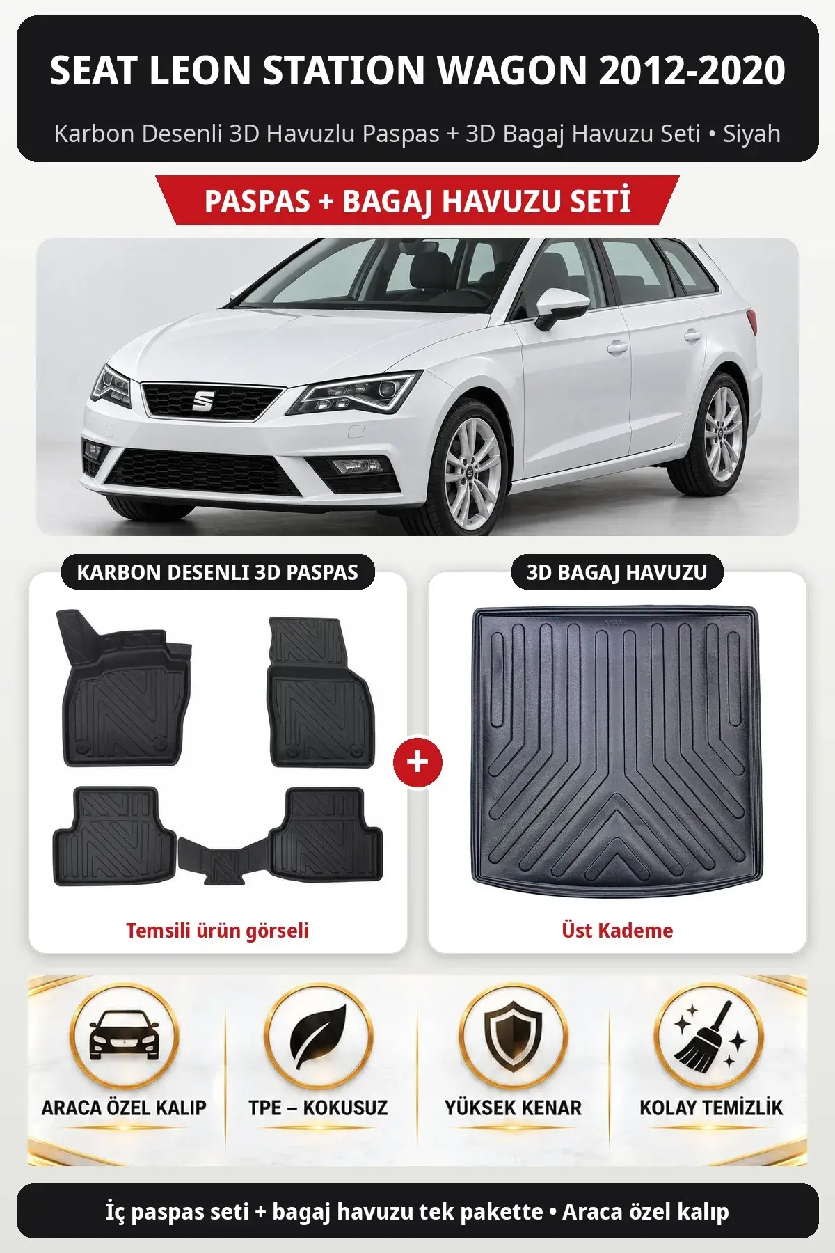 Seat Leon Station Wagon 2012-2020 Karbon Desenli 3D Paspas + Bagaj Havuzu Seti (Üst Kademe) Siyah (1)