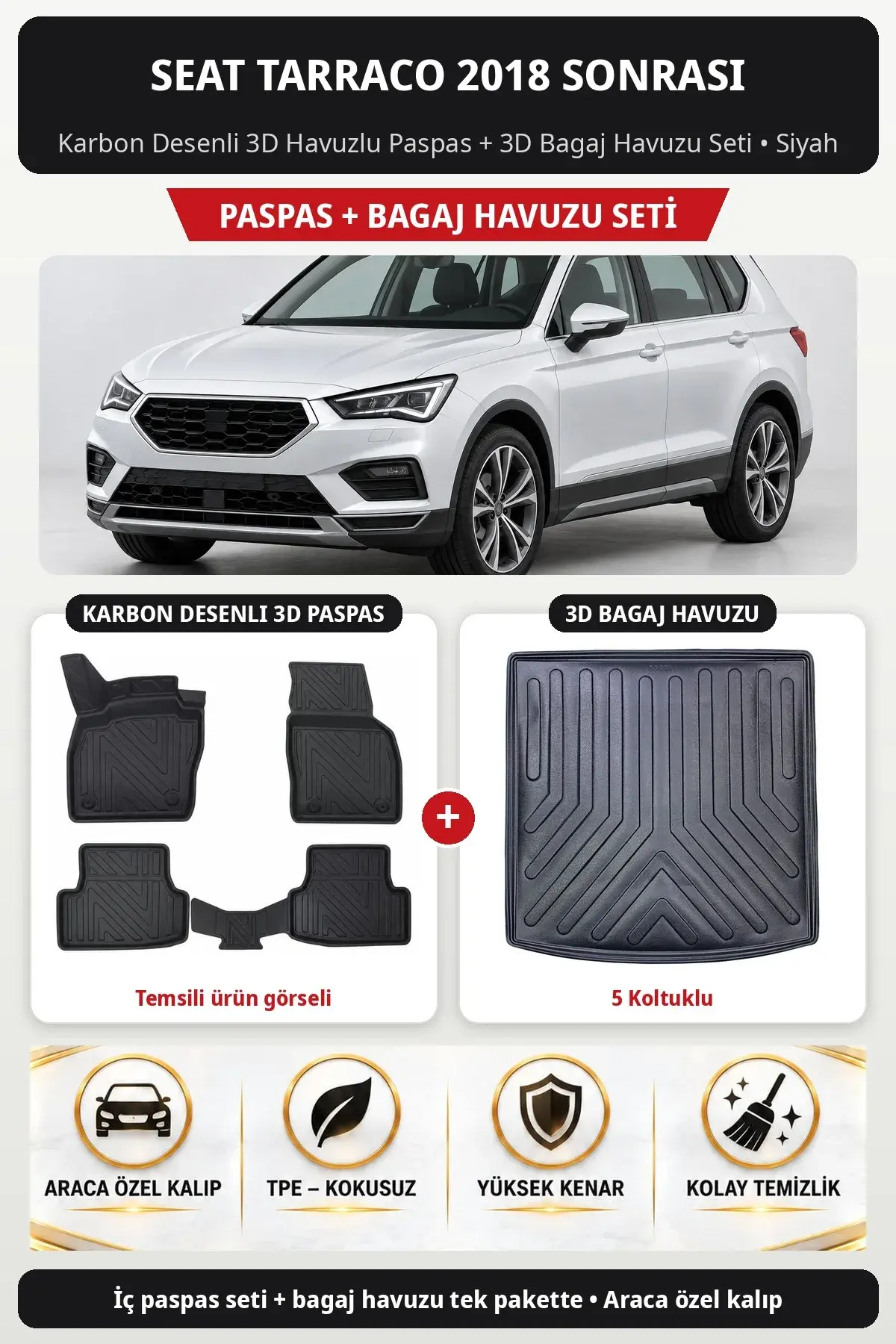 Seat Tarraco 2018 Sonrası Karbon Desenli 3D Havuzlu Paspas + 3D Bagaj Havuzu Seti (5 Koltuklu) Siyah (1)