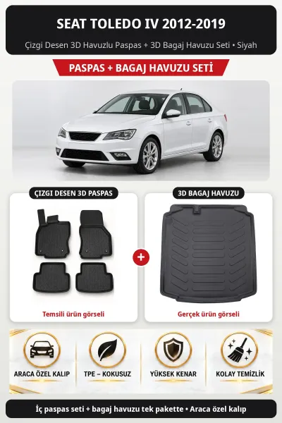 Seat Toledo IV 2012-2019 Çizgi Desen 3D Havuzlu Paspas + 3D Bagaj Havuzu Seti Siyah