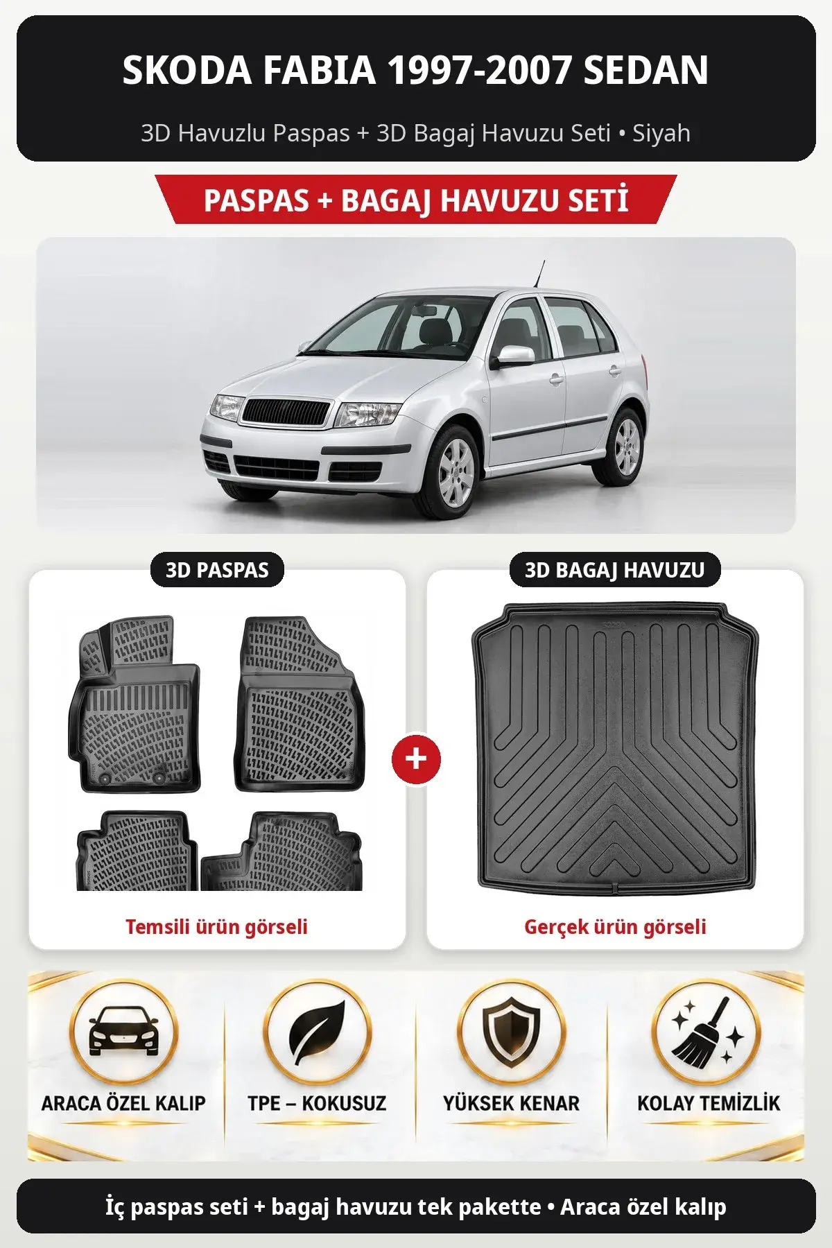 Skoda Fabia 1997-2007 Sedan 3D Havuzlu Paspas + 3D Bagaj Havuzu Seti Siyah (1)