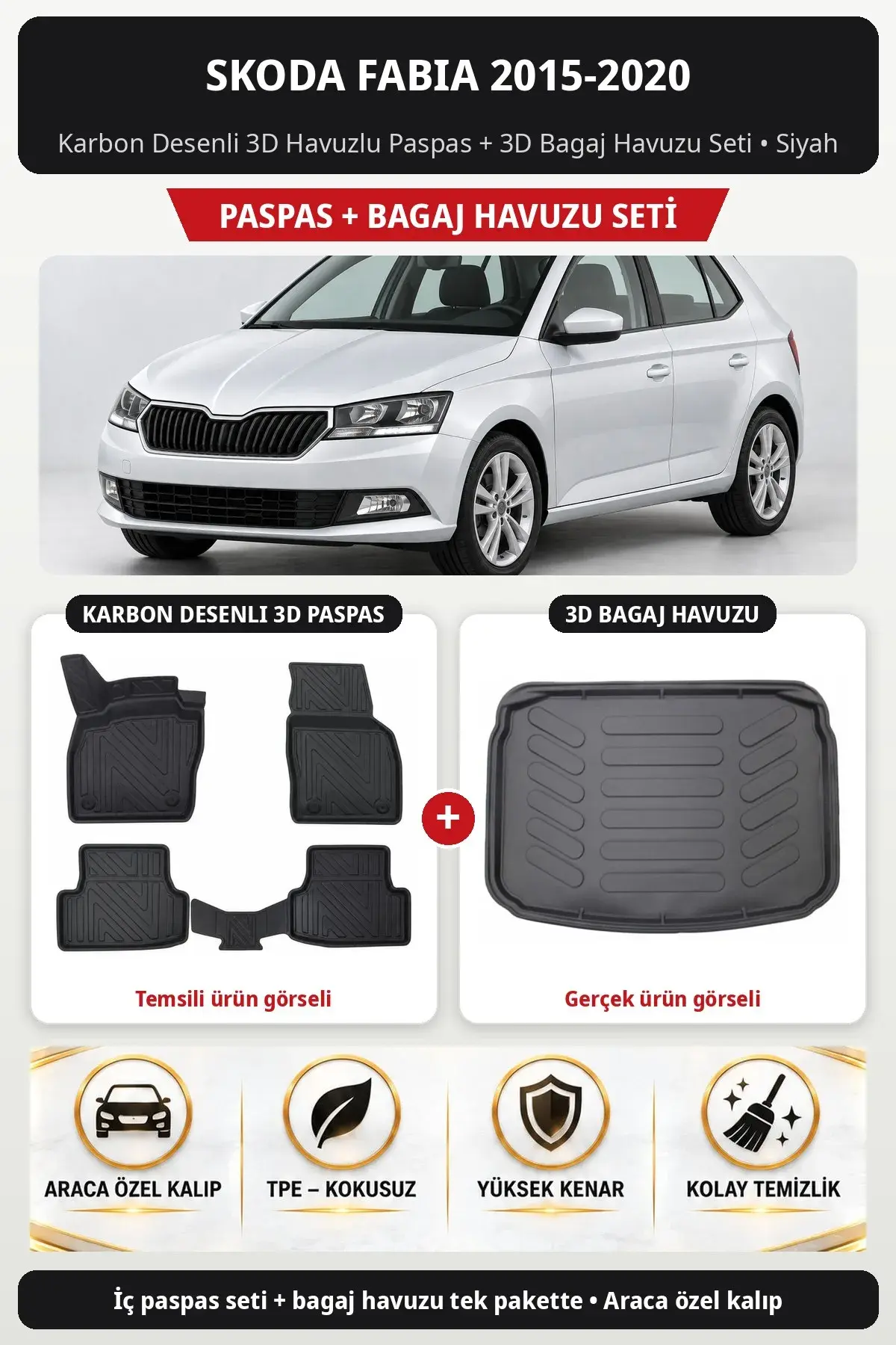 Skoda Fabia 2015-2020 Karbon Desenli 3D Havuzlu Paspas + 3D Bagaj Havuzu Seti Siyah (1)