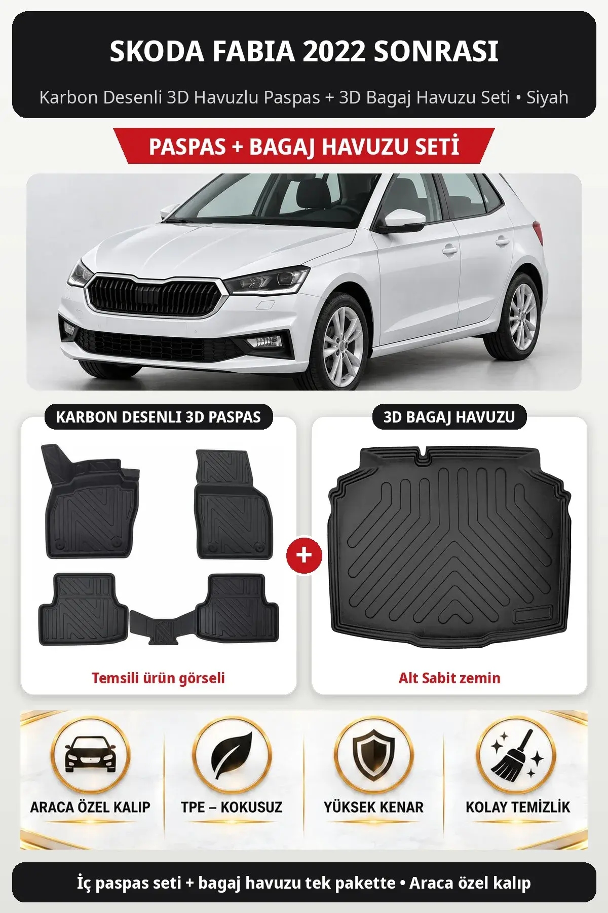 Skoda Fabia 2022 Sonrası Karbon Desenli 3D Paspas + Bagaj Havuzu Seti (Alt Sabit zemin) Siyah (1)