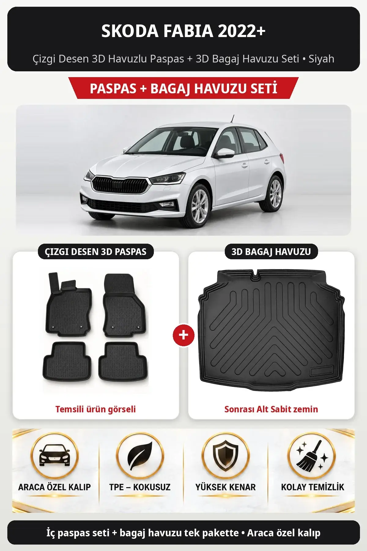 Skoda Fabia 2022+ Çizgi Desen 3D Paspas + Bagaj Havuzu Seti (Sonrası Alt Sabit zemin) Siyah (1)