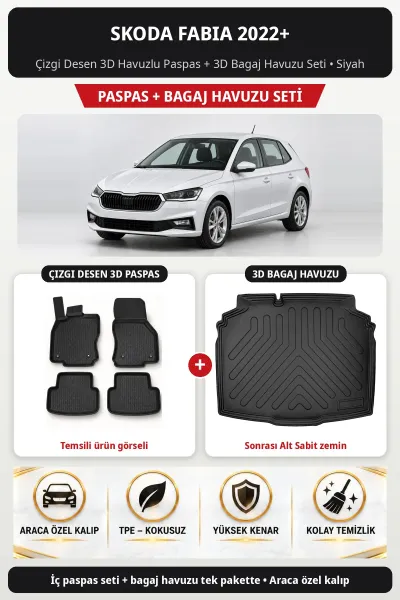 Skoda Fabia 2022+ Çizgi Desen 3D Paspas + Bagaj Havuzu Seti (Sonrası Alt Sabit zemin) Siyah