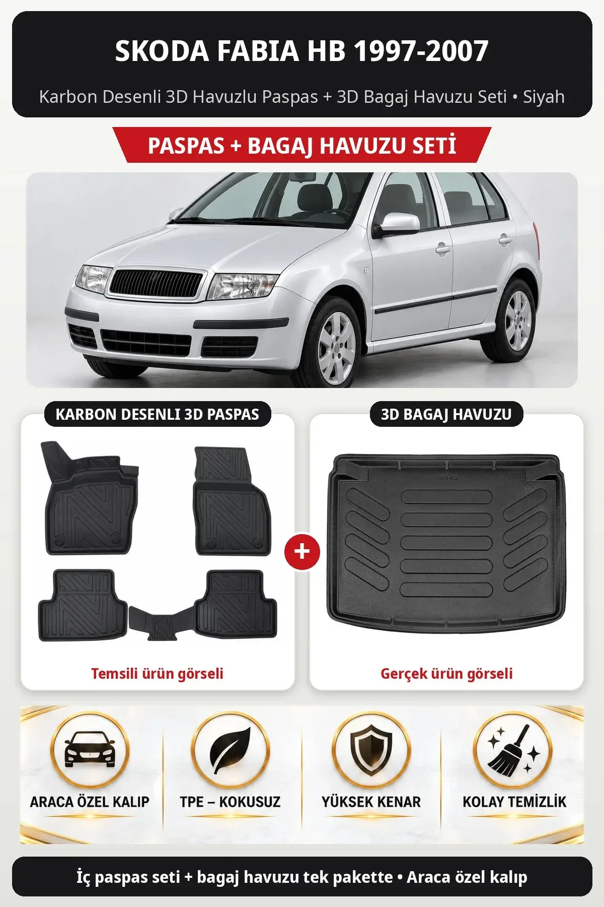 Skoda Fabia Hb 1997-2007 Karbon Desenli 3D Havuzlu Paspas + 3D Bagaj Havuzu Seti Siyah (1)
