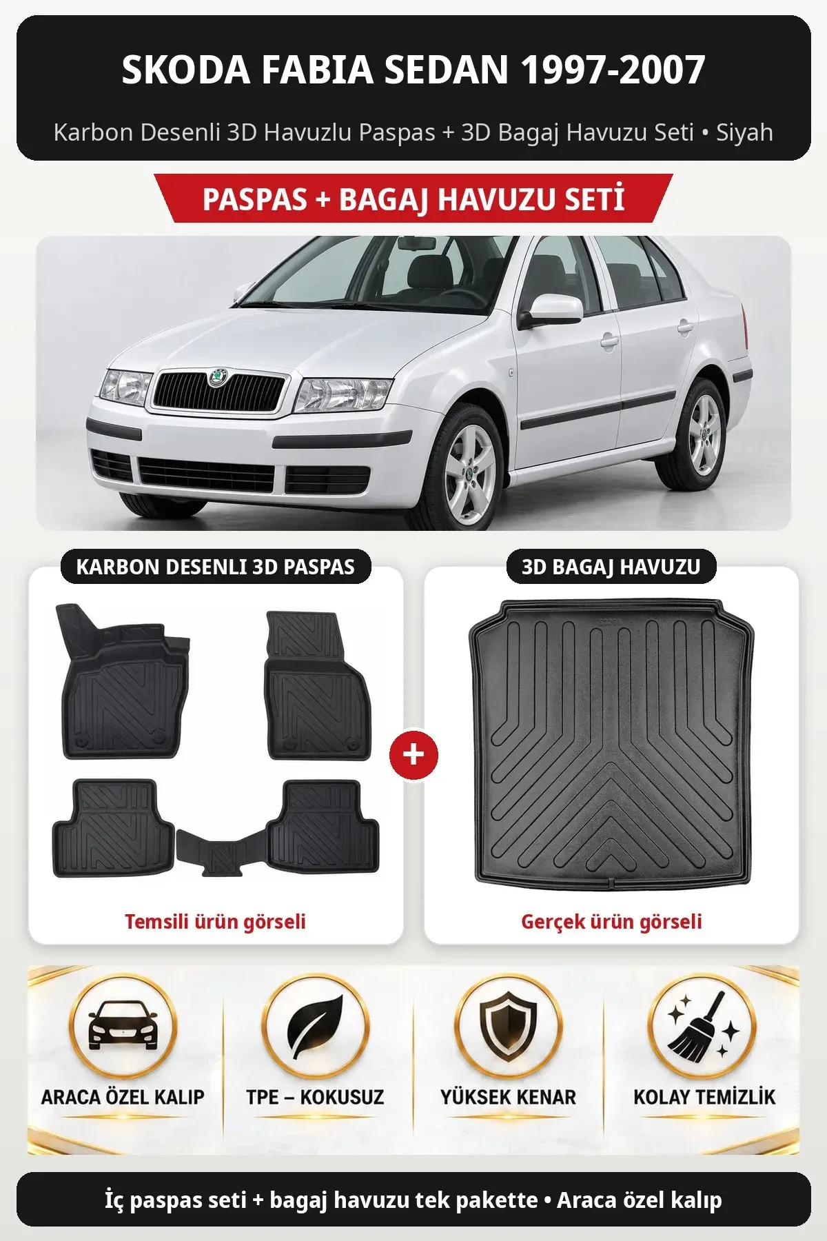 Skoda Fabia Sedan 1997-2007 Karbon Desenli 3D Havuzlu Paspas + 3D Bagaj Havuzu Seti Siyah (1)