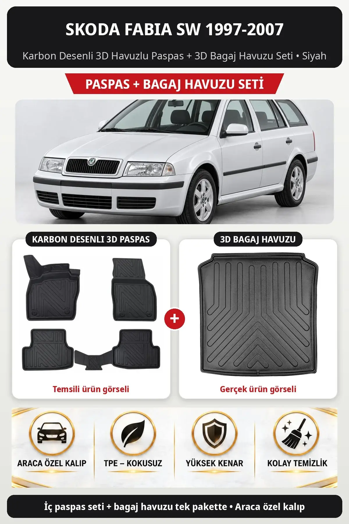 Skoda Fabia Sw 1997-2007 Karbon Desenli 3D Havuzlu Paspas + 3D Bagaj Havuzu Seti Siyah (1)