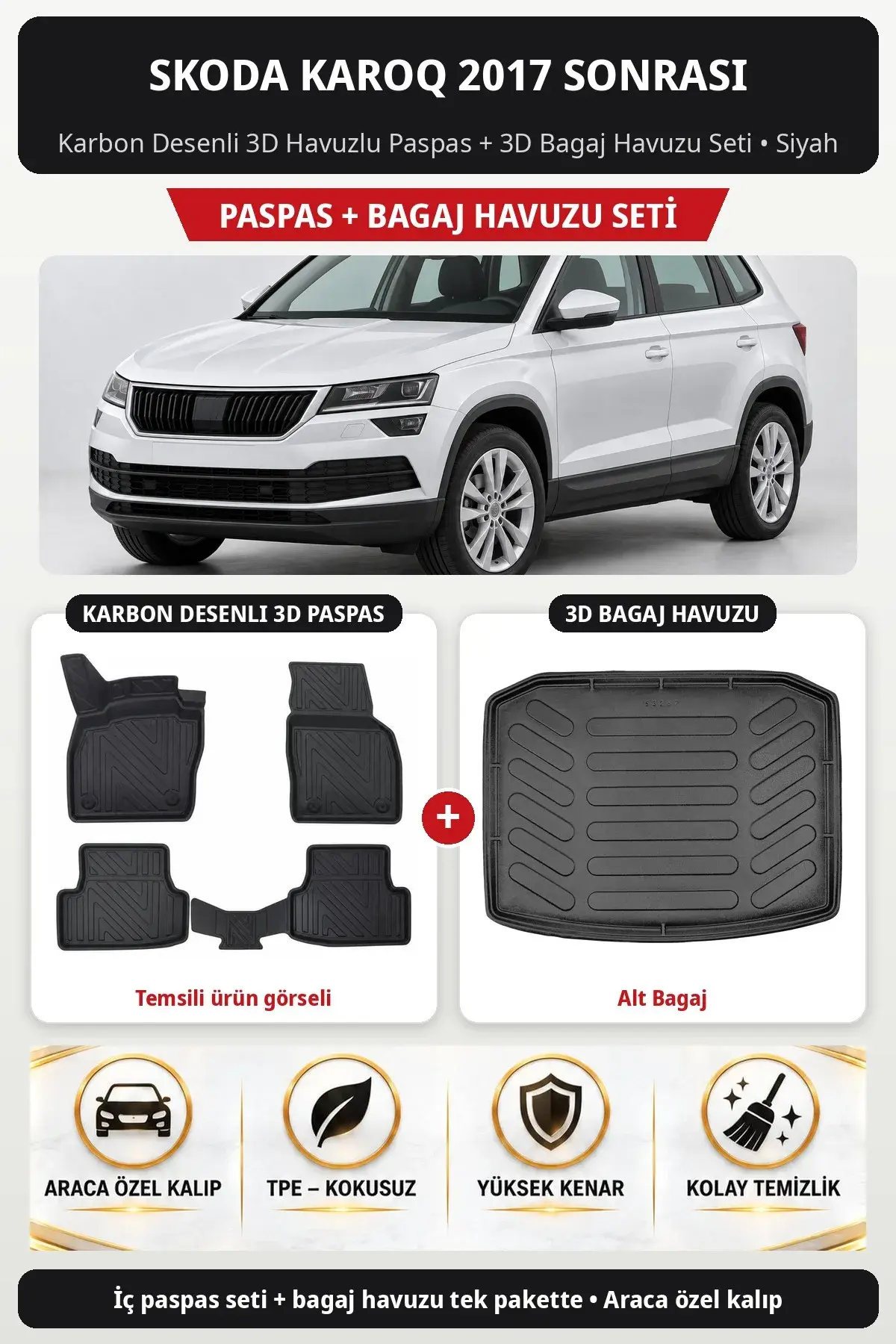 Skoda Karoq 2017 Sonrası Karbon Desenli 3D Havuzlu Paspas + 3D Bagaj Havuzu Seti (Alt Bagaj) Siyah (1)
