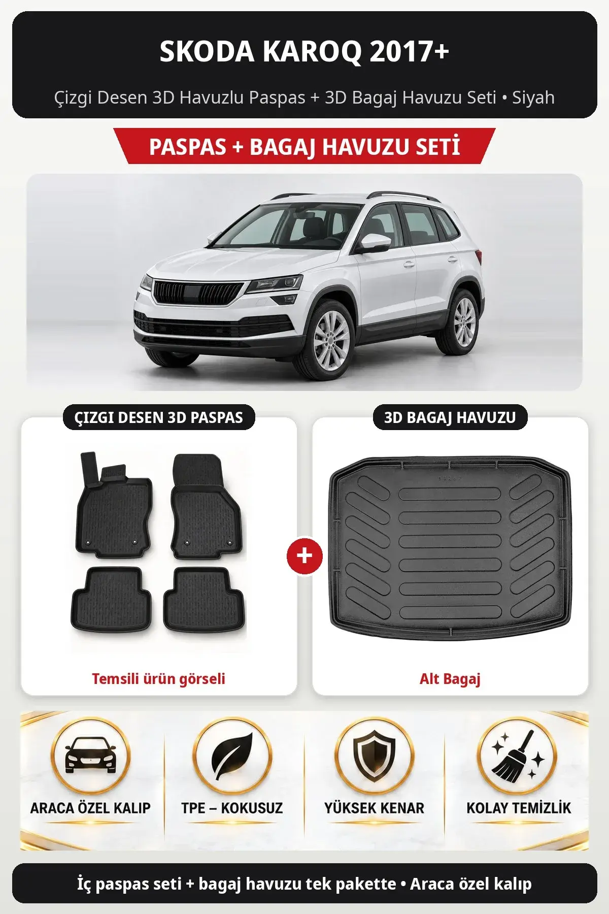 Skoda Karoq 2017+ Çizgi Desen 3D Havuzlu Paspas + 3D Bagaj Havuzu Seti (Alt Bagaj) Siyah (1)