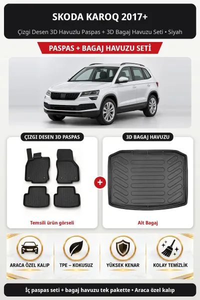 Skoda Karoq 2017+ Çizgi Desen 3D Havuzlu Paspas + 3D Bagaj Havuzu Seti (Alt Bagaj) Siyah