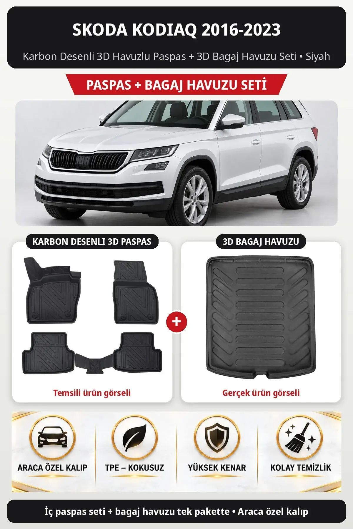 Skoda Kodiaq 2016-2023 Karbon Desenli 3D Havuzlu Paspas + 3D Bagaj Havuzu Seti Siyah (1)