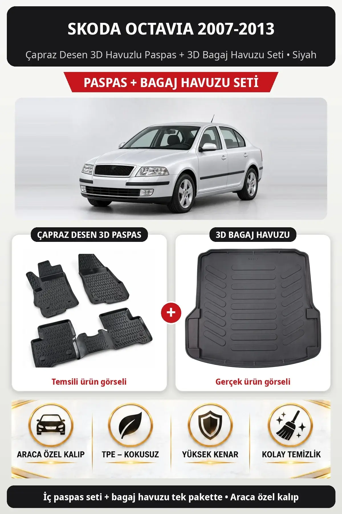 Skoda Octavia 2007-2013 Çapraz Desen 3D Havuzlu Paspas + 3D Bagaj Havuzu Seti Siyah (1)