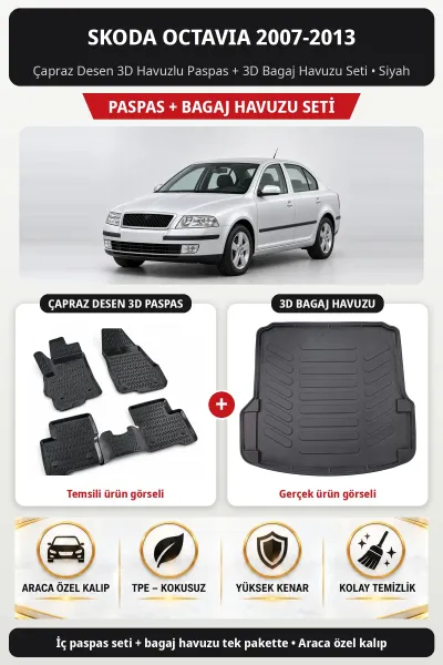 Skoda Octavia 2007-2013 Çapraz Desen 3D Havuzlu Paspas + 3D Bagaj Havuzu Seti Siyah