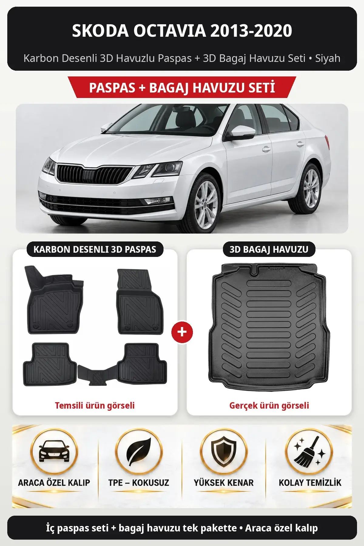 Skoda Octavia 2013-2020 Karbon Desenli 3D Havuzlu Paspas + 3D Bagaj Havuzu Seti Siyah (1)