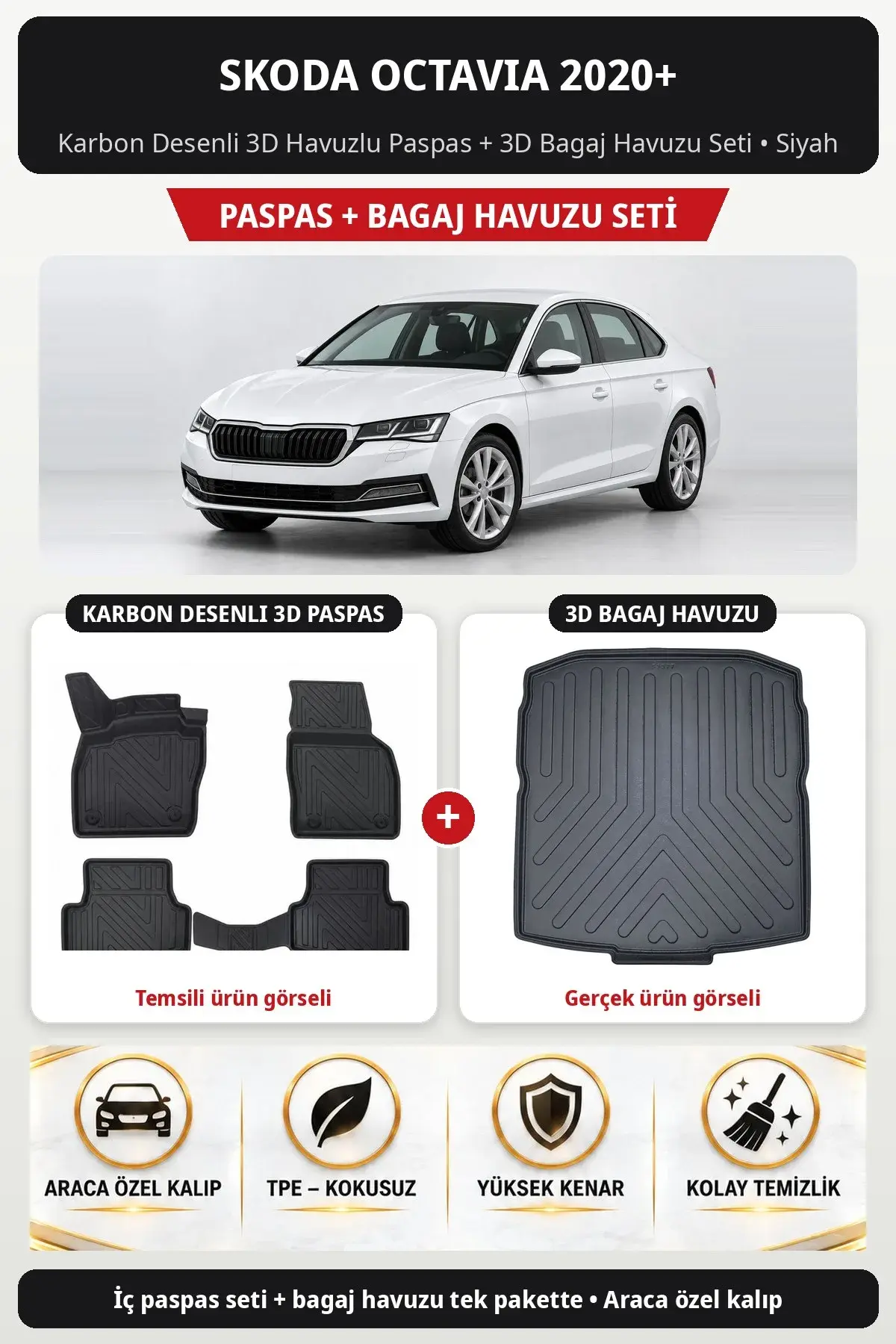 Skoda Octavia 2020+ Karbon Desenli 3D Havuzlu Paspas + 3D Bagaj Havuzu Seti Siyah (1)