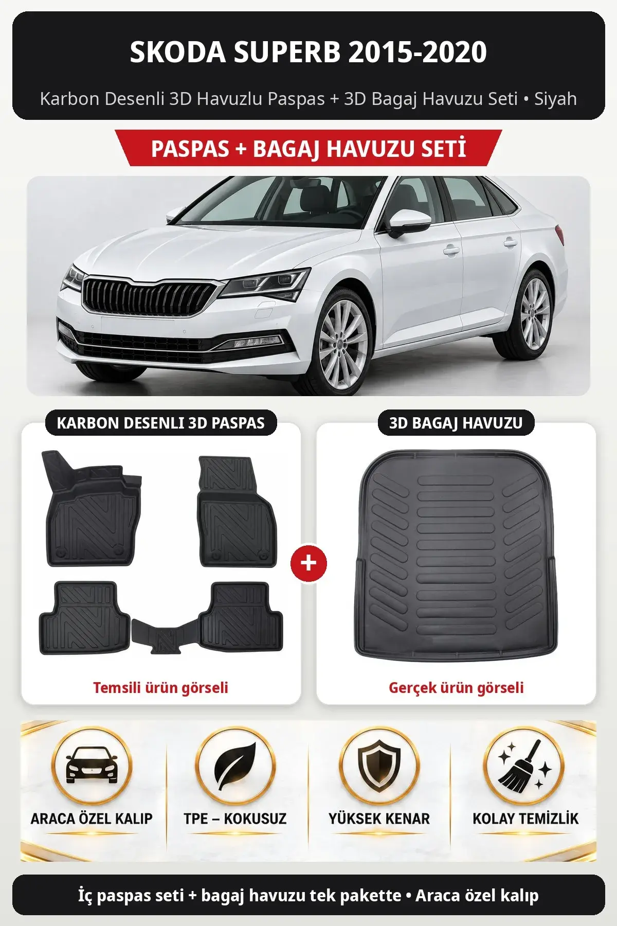 Skoda Superb 2015-2020 Karbon Desenli 3D Havuzlu Paspas + 3D Bagaj Havuzu Seti Siyah (1)