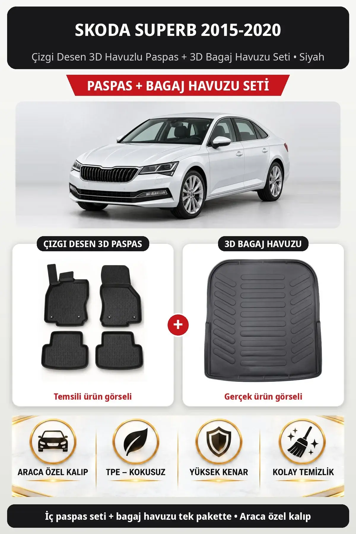 Skoda Superb 2015-2020 Çizgi Desen 3D Havuzlu Paspas + 3D Bagaj Havuzu Seti Siyah (1)
