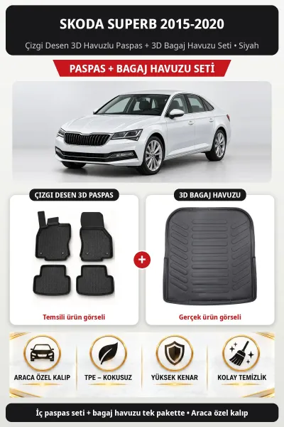 Skoda Superb 2015-2020 Çizgi Desen 3D Havuzlu Paspas + 3D Bagaj Havuzu Seti Siyah