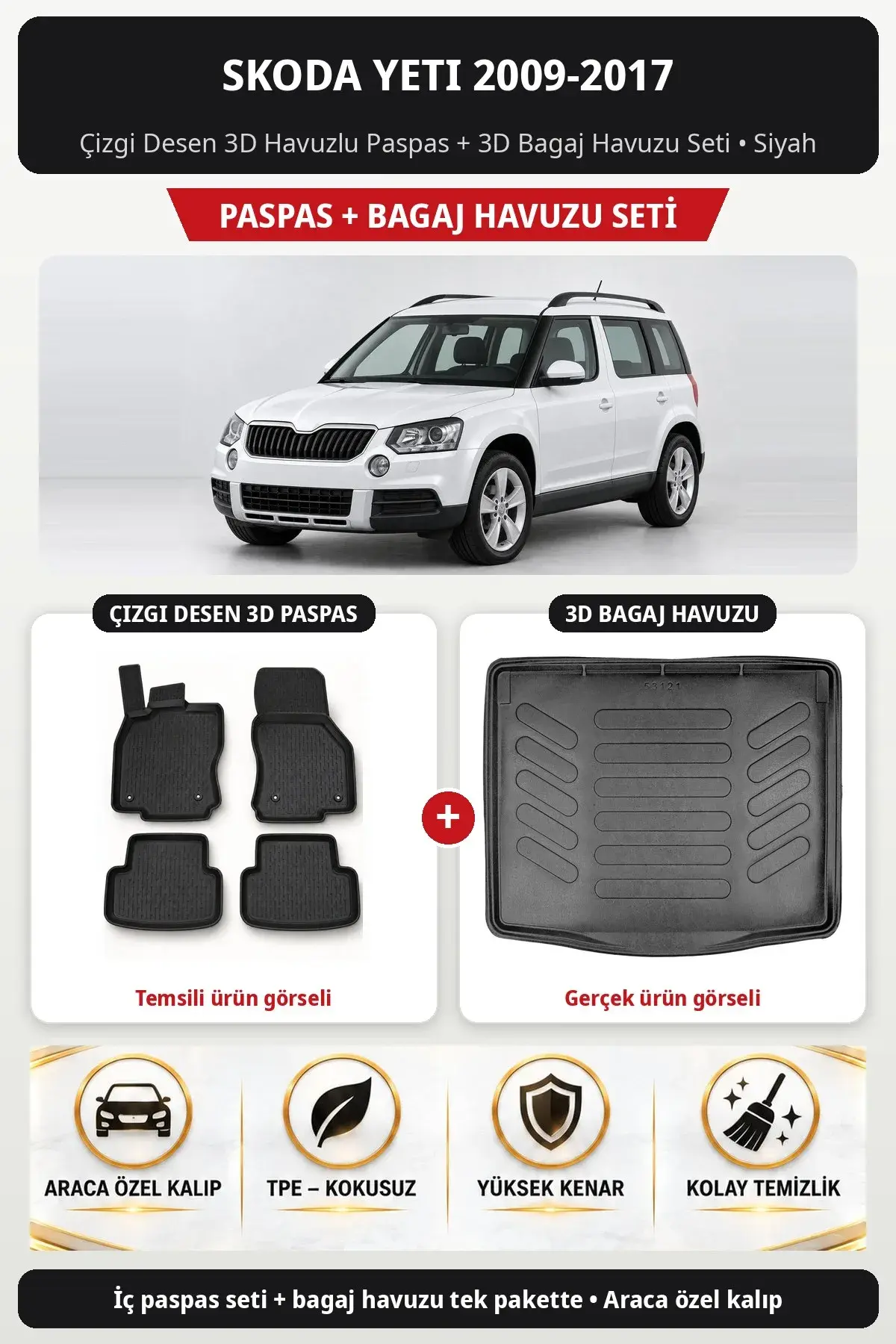 Skoda Yeti 2009-2017 Çizgi Desen 3D Havuzlu Paspas + 3D Bagaj Havuzu Seti Siyah (1)