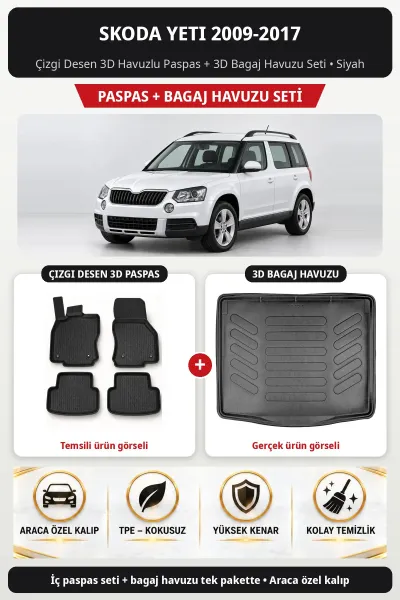 Skoda Yeti 2009-2017 Çizgi Desen 3D Havuzlu Paspas + 3D Bagaj Havuzu Seti Siyah