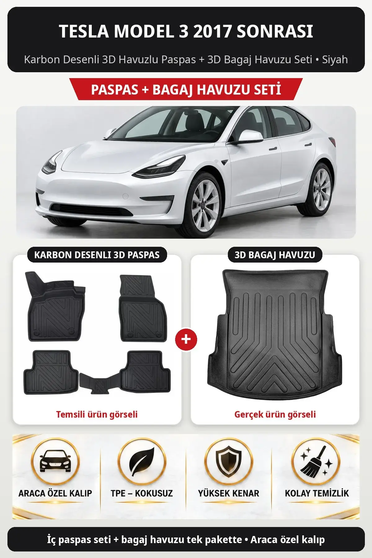 Tesla Model 3 2017 Sonrası Karbon Desenli 3D Havuzlu Paspas + 3D Bagaj Havuzu Seti Siyah (1)