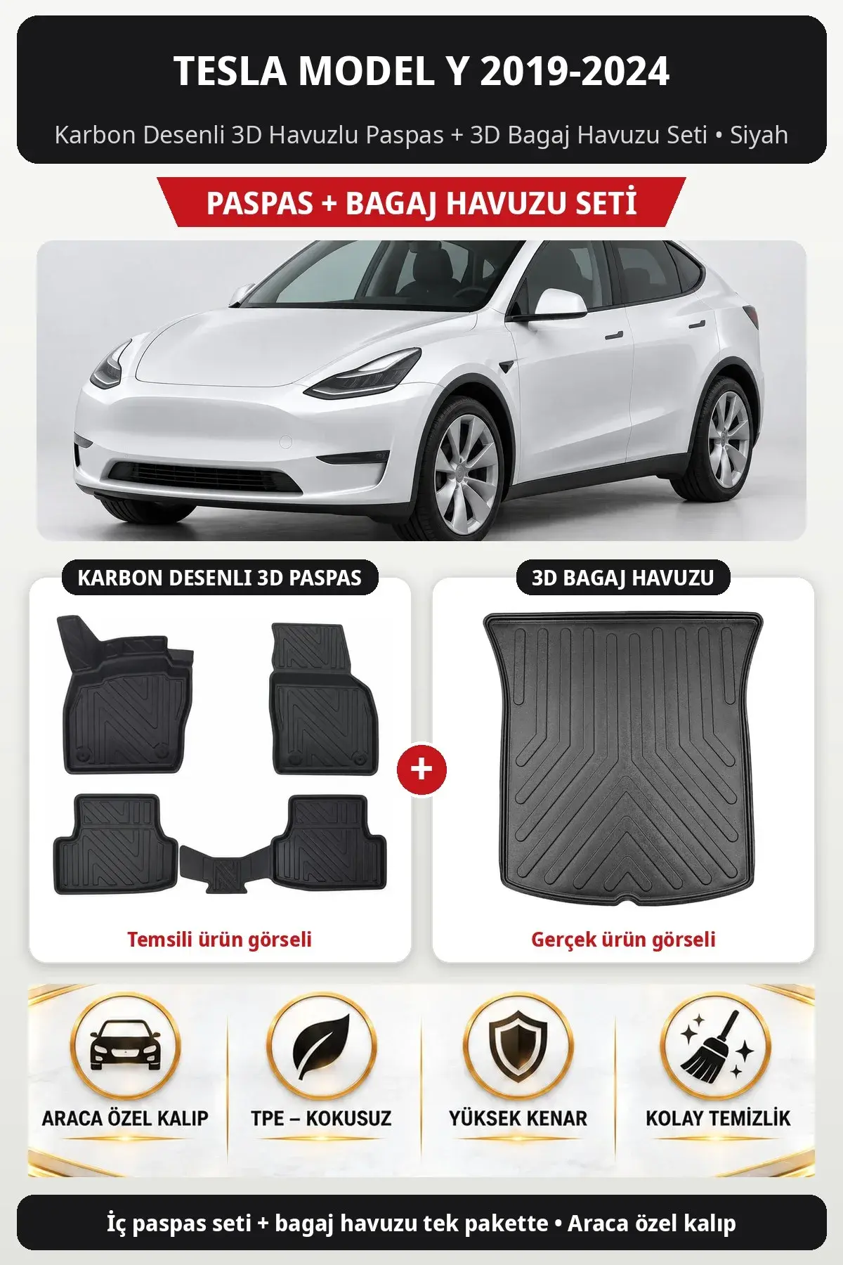 Tesla Model Y 2019-2024 Karbon Desenli 3D Havuzlu Paspas + 3D Bagaj Havuzu Seti Siyah (1)
