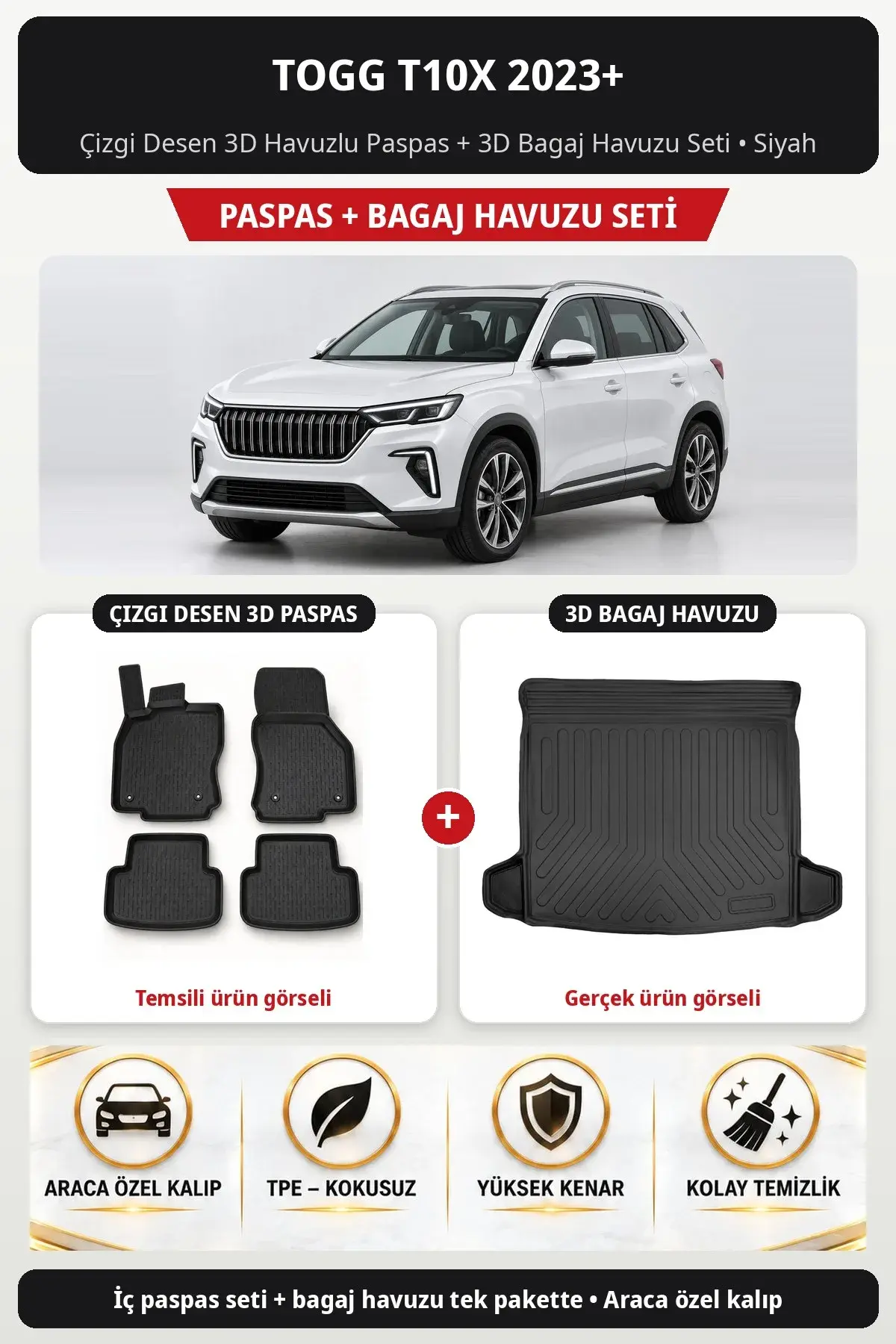 Togg T10X 2023+ Çizgi Desen 3D Havuzlu Paspas + 3D Bagaj Havuzu Seti Siyah (1)