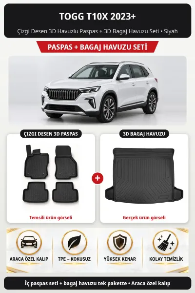 Togg T10X 2023+ Çizgi Desen 3D Havuzlu Paspas + 3D Bagaj Havuzu Seti Siyah