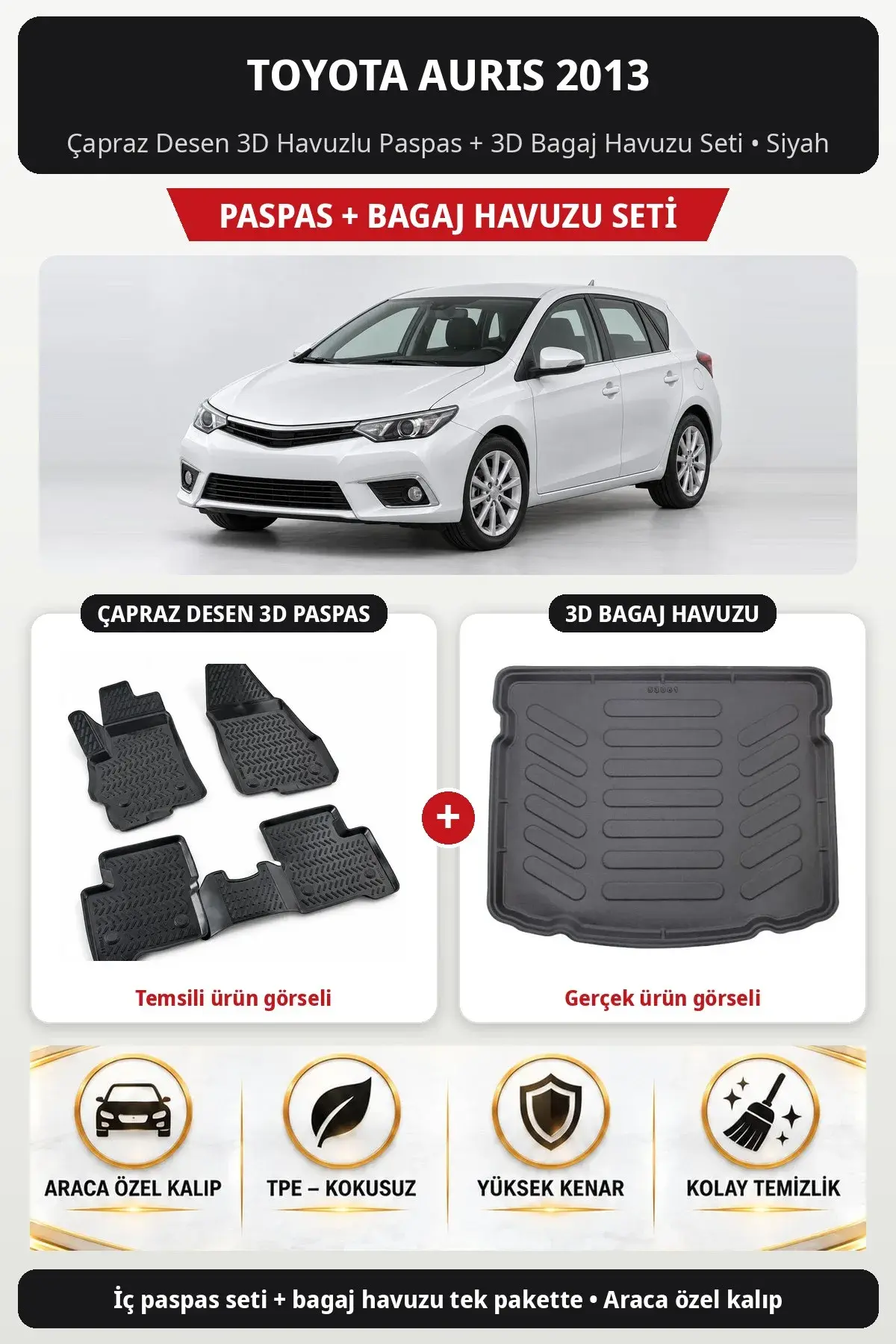 Toyota Auris 2013 Çapraz Desen 3D Havuzlu Paspas + 3D Bagaj Havuzu Seti Siyah (1)