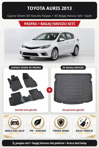 Toyota Auris 2013 Çapraz Desen 3D Havuzlu Paspas + 3D Bagaj Havuzu Seti Siyah