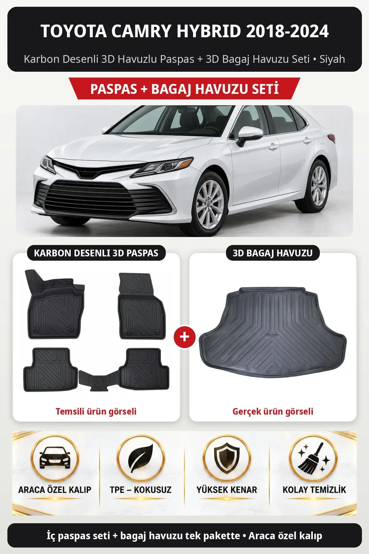 Toyota Camry Hybrid 2018-2024 Karbon Desenli 3D Havuzlu Paspas + 3D Bagaj Havuzu Seti Siyah (1)