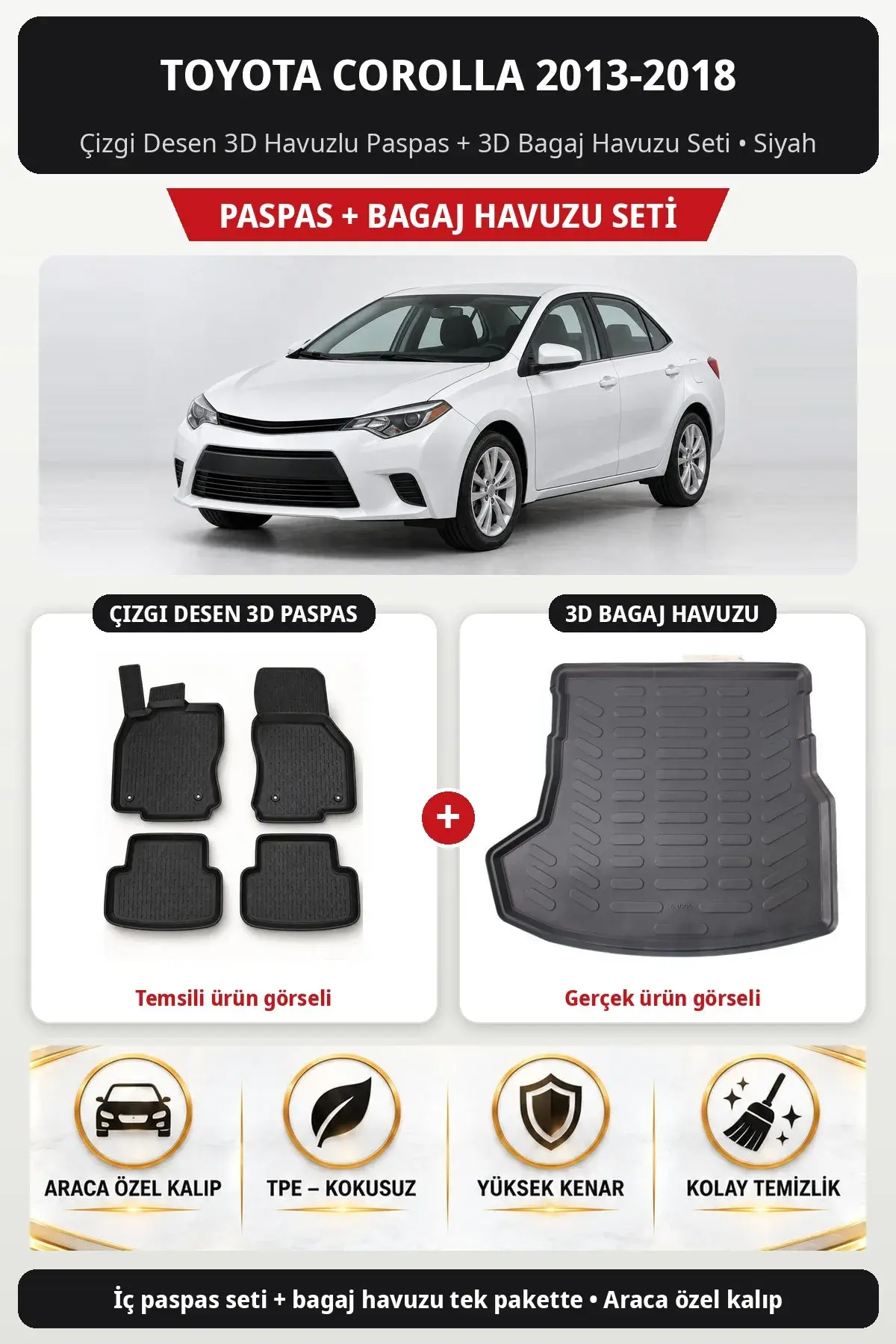 Toyota Corolla 2013-2018 Çizgi Desen 3D Havuzlu Paspas + 3D Bagaj Havuzu Seti Siyah (1)