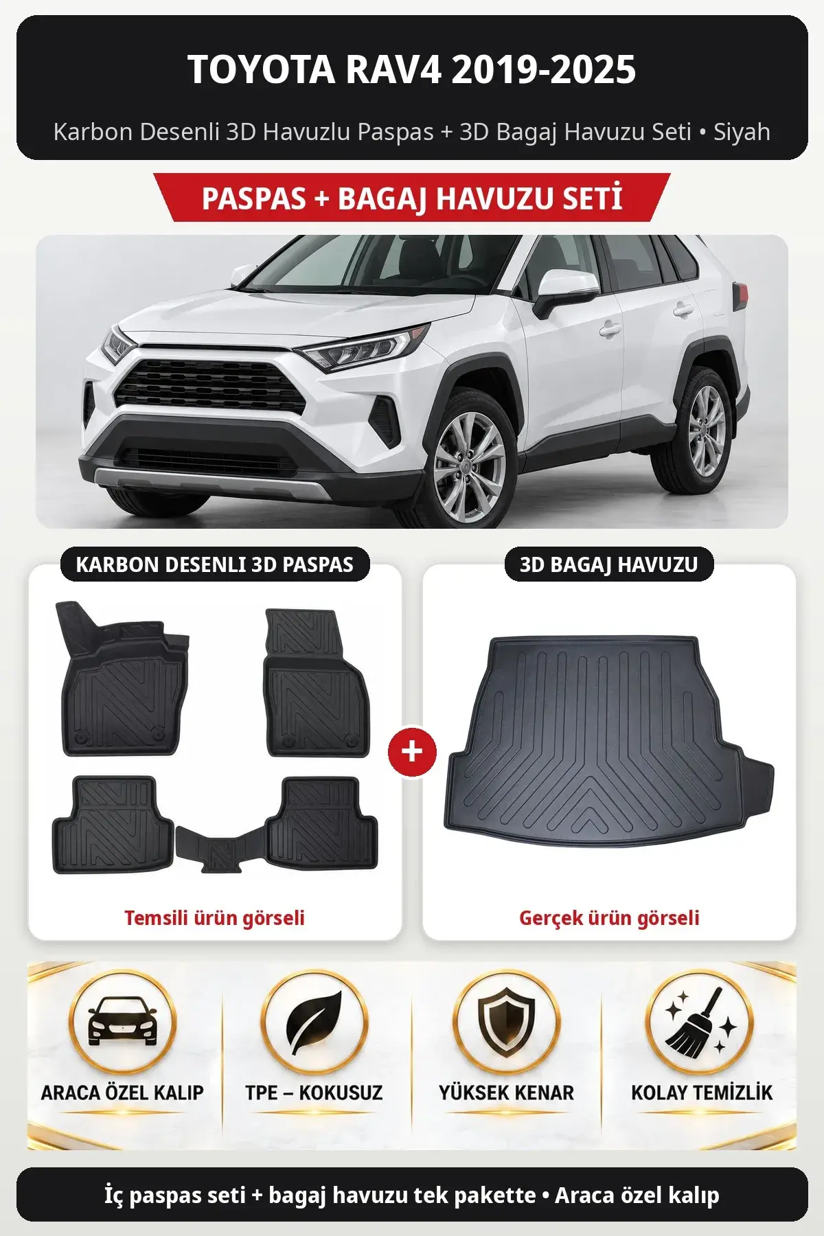Toyota RAV4 2019-2025 Karbon Desenli 3D Havuzlu Paspas + 3D Bagaj Havuzu Seti Siyah (1)