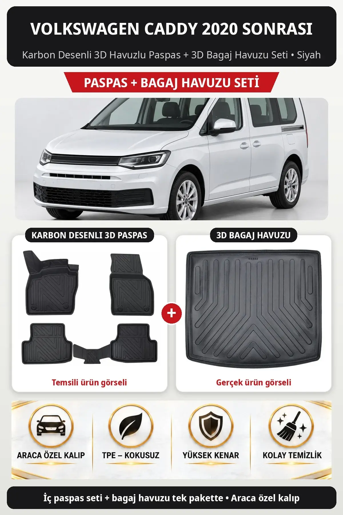 Volkswagen Caddy 2020 Sonrası Karbon Desenli 3D Havuzlu Paspas + 3D Bagaj Havuzu Seti Siyah (1)