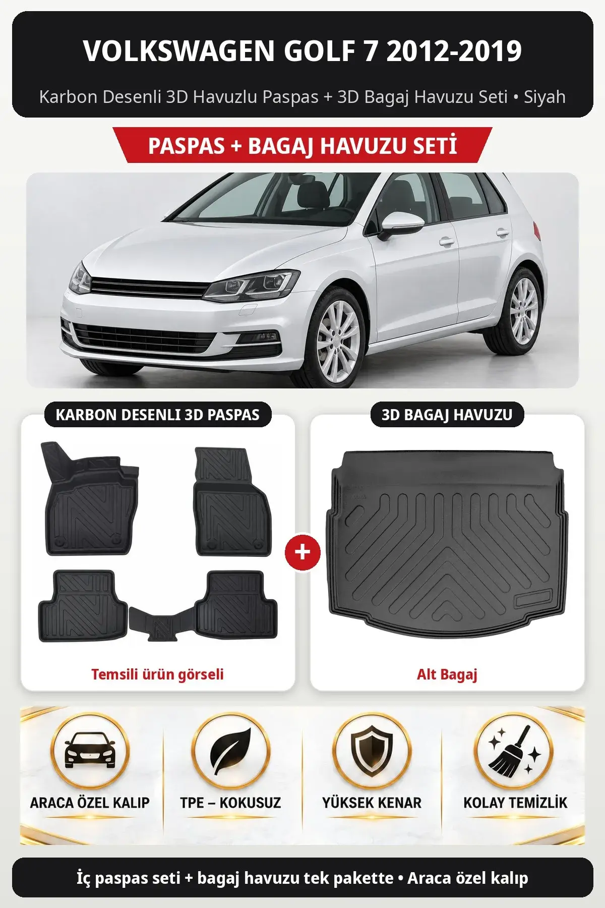 Volkswagen Golf 7 2012-2019 Karbon Desenli 3D Paspas + Bagaj Havuzu Seti (Alt Bagaj) Siyah (1)