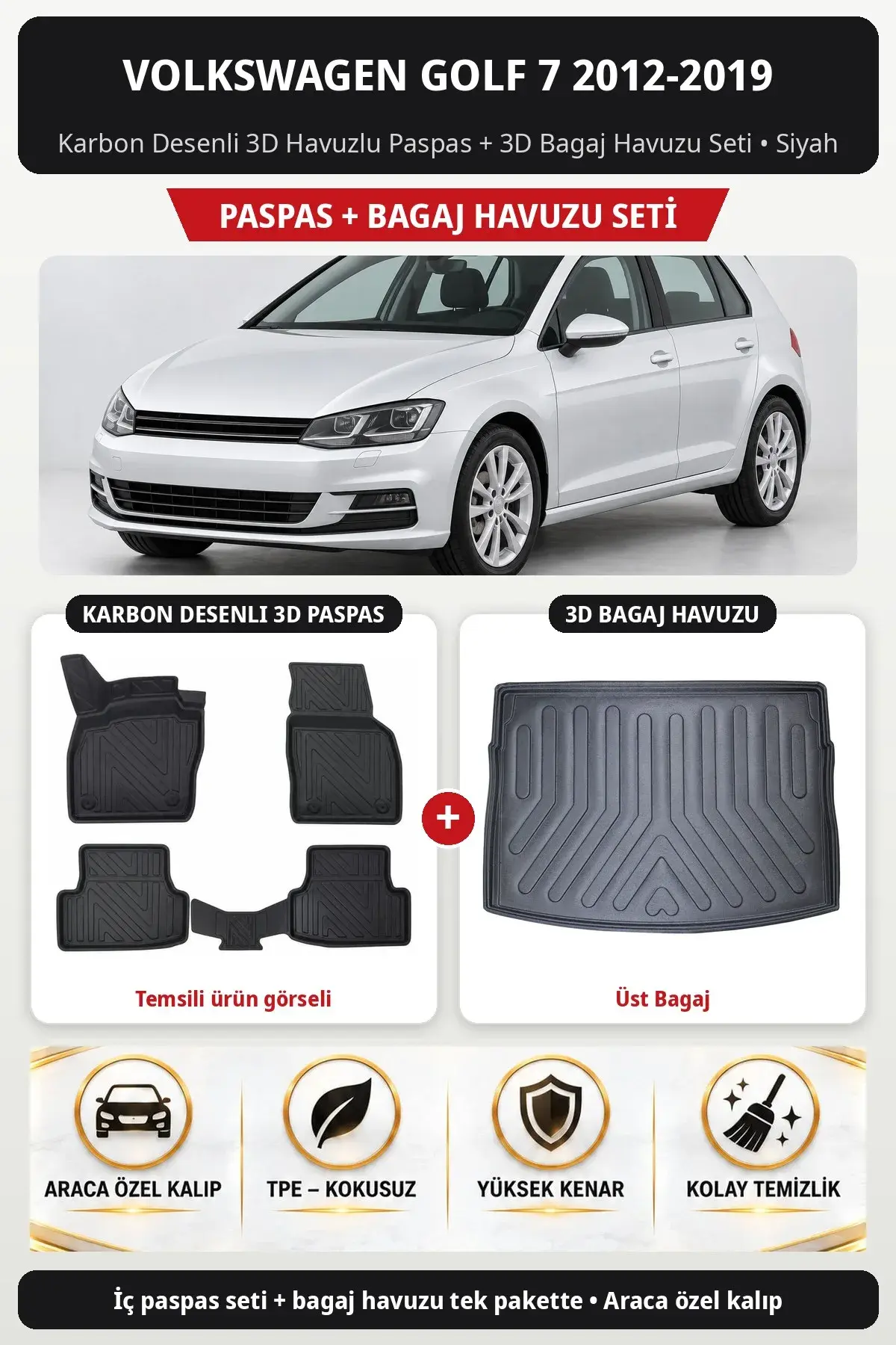 Volkswagen Golf 7 2012-2019 Karbon Desenli 3D Paspas + Bagaj Havuzu Seti (Üst Bagaj) Siyah (1)