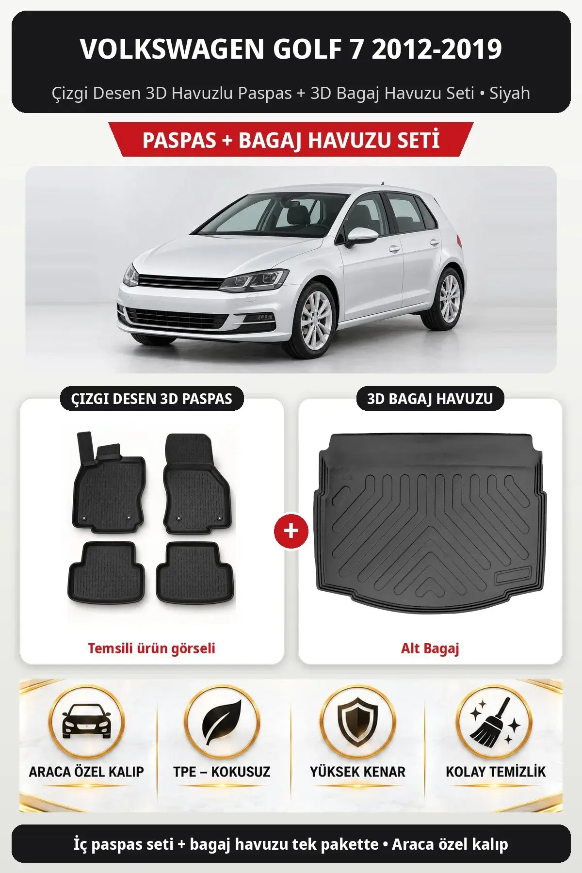 Volkswagen Golf 7 2012-2019 Çizgi Desen 3D Havuzlu Paspas + 3D Bagaj Havuzu Seti (Alt Bagaj) Siyah (1)