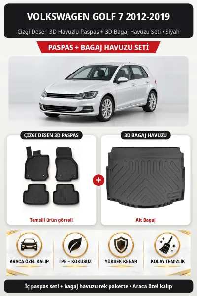 Volkswagen Golf 7 2012-2019 Çizgi Desen 3D Havuzlu Paspas + 3D Bagaj Havuzu Seti (Alt Bagaj) Siyah